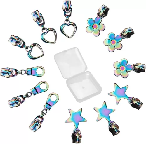 GORGECRAFT 1 Box 12Pcs 4 Styles #5 Rainbow Zipper Star Flower Heart Teardrop Shape Zipper Sliders Pull Head Replacement Metal Zip Mend Repair for Coats Jackets Purse Fasteners Charms Tailor Crafts