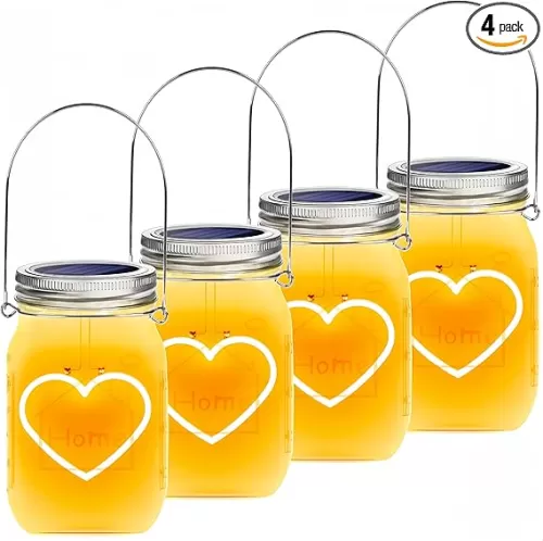 Hanging Solar Mason Jar Lights, 4 Pack Heart Shape Led Lights, Solar Lanterns Outdoor Waterproof Lights, Hangers and Jars Included, Gift for Mothers Day, Home Party Wedding Lover Garden Patio Decor (4)