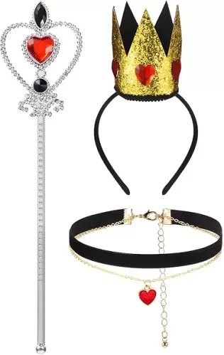 Haysandy 3 Pcs Red Gem Women Halloween Queen Costume Accessories, Girls Cosplay Heart Crown Necklace Scepter Wand