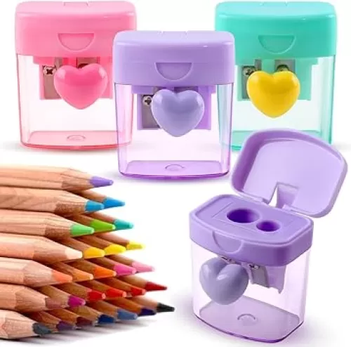 Heart Pencil Sharpeners - Colored Pencil Sharpener with Cover, 2 Holes, Manual, Green, Purple, Pink, Small, for Classroom & Office