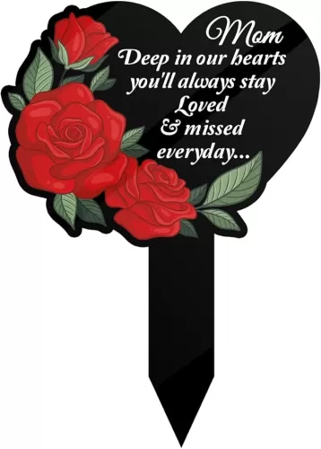Heart Shaped Grave Markers for Cemetery Memorial Stakes for Outdoors Yard Cemetery Decorations for Grave Memorial Plaques for Loved Ones Garden Decor Mom Deep in Our Heart Sign Red Rose Design