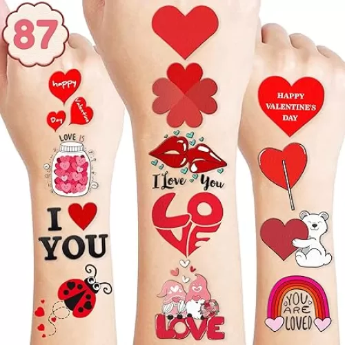 Heart Temporary Tattoos 8 Sheets 87 PCS Valentine Party Decorations Supplies Favors Red Heart Love Theme Birthday Cute Stickers Christmas Gifts for Boys Girls Class School Prizes Carnival