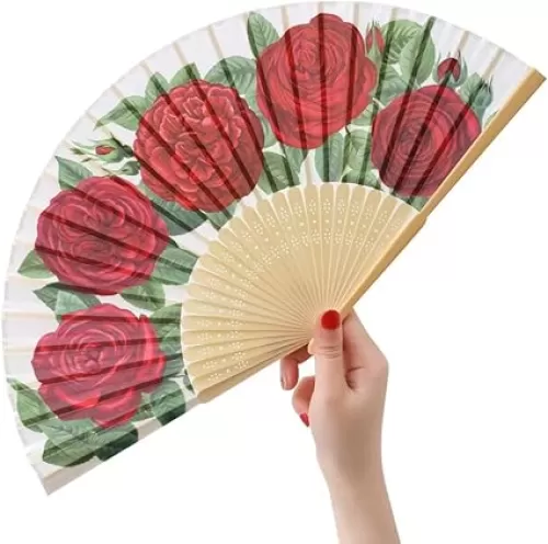 HeyToo Women Pretty Hand Fan Bamboo Printed Pattern Folding Fan Wedding Party Themed Anniversary Accessory Red Rose