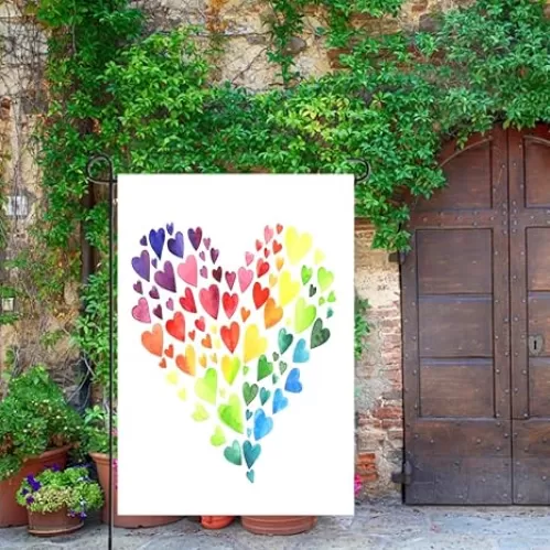 HGOD DESIGNS Heart Garden Flag Rainbow Love Color Curve Beautiful Wedding Elegant Shape Geometric Curl Cotton Linen House Flags Outdoor Decor for Home Yard Decoration Seasonal 12X18 Inch