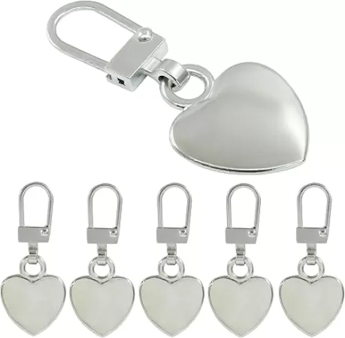 Hitefu 5 Pack Silver Heart Shaped Zipper, Metal Zipper Pull Replacement Pull, Mend Fixer Repair for Coats, Jackets, Pants & Luggage