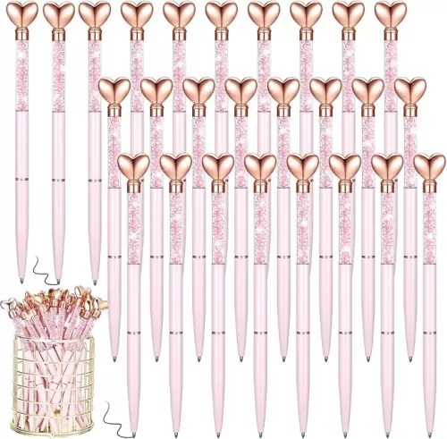 Hushee 24 Pcs Heart Shaped Pens Glitter Retractable Metal Ballpoint Pens with Black Ink Diamond Crystal Bridal Shower Gift for Office School Classroom Wedding Engagement(Pink)