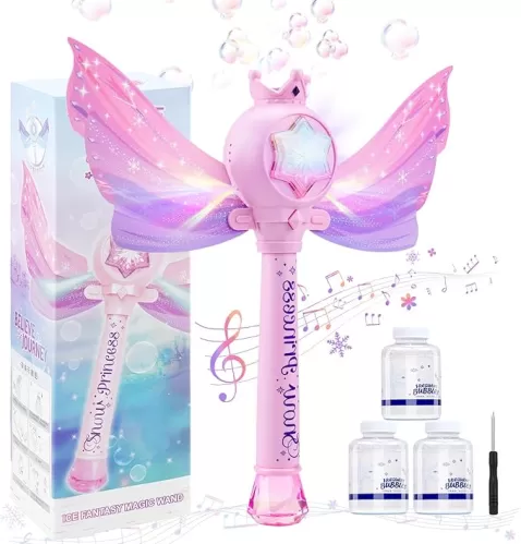 ilauke Bubble Wands, Heart-Shaped Princess Bubble Wand with Music & Lights, with 2 Bubble Solution Outdoor Party Birthday Toys for Toddlers, Gift for 3 4 5 6 7 8 Year Old Girls, Pink