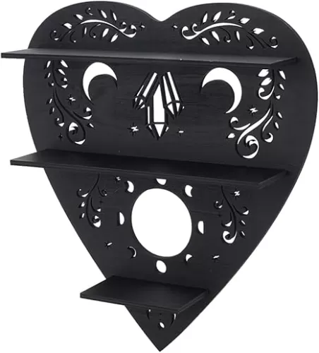 INFUNLY Heart Wooden Crystal Display Shelf Love Wall Mounted Crystal Holder Floating Shelf Crystal Holder Stand Spiritual Decor Shelf for Gemstones Essential Oil Witch Home Bedroom Living Room Decor