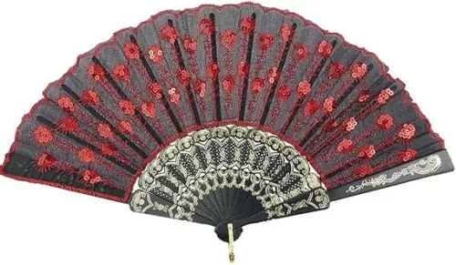 INNOLIFE Elegant Colorful Embroidered Flower Peacock Pattern Sequin Fabric Folding Handheld Hand Fan Hand-Crafted (A-Red)