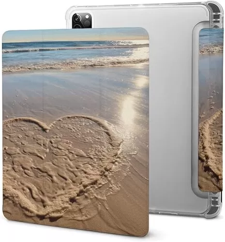 IPad Pro 11 Inch Case 2021/2020 (3rd/2nd Generation) with Pencil Holder Heart Shape on The Beach Printed Trifold Silicone Anti-Slip Protective Cover Auto Wake/Sleep