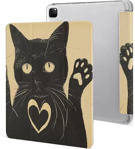 iPad Pro 2020、2021、2022 Case 12.9 Inch with Pencil Holder A Cat Heart Shape Trifold Stand Protective Slim Back Shell Auto Wake Sleep