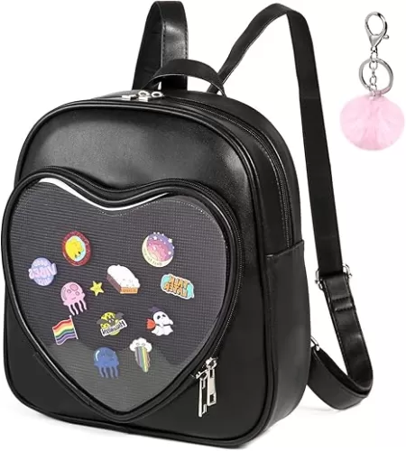 Ita Bag Backpack Heart Shaped Purse with Pin Display Window Insert Kawaii Cute Anime(Black Leather with Pink Pompom)