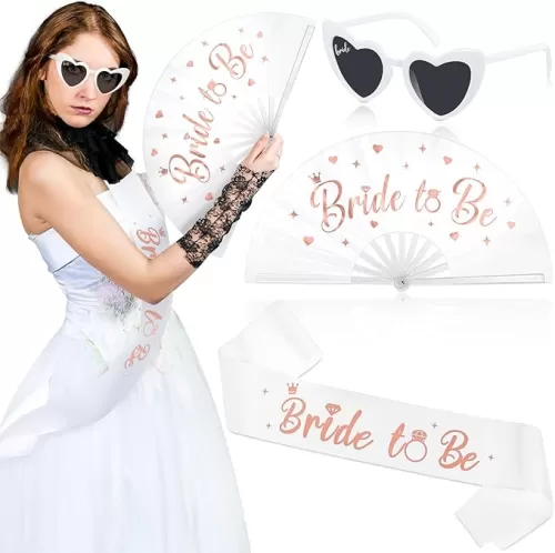 JaGely 3 Pcs Bachelorette Party Accessories Includes Rose Gold Bride Fan Bride to Be Sash and Heart Shaped Sunglasses for Bridal Shower Bachelorette Party Decorations Favors