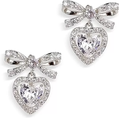 JeanBeau Bow Heart Dangle Drop Earrings for Women Valentines Rhinestone Ribbon Crystal CZ Love Hearts Earing Dangling Holiday Prom Fashion Jewelry Gift