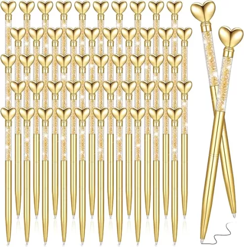 Jetec 50 Pcs Heart Shaped Ballpoint Pens Bulk Valentine's Day Gifts Wedding Glitter Retractable Metal Pens Black Ink Diamond Crystal Bling Bridal Shower Gifts Office Supplies(Gold)