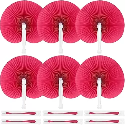 JOHOUSE Decorative Round Hand Fan Foldable, 12 Packs Rose Red Folding Fans Handheld Chinese and Japanese Style Crafts for Wedding, Dancing, Party Favors DIY Decoration