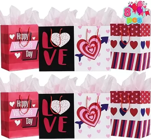 JOYIN 8 Pcs Valentines Day Gift Bags with Filling Paper in 4 Designs for Kids Party Favor Supplies Paper Wrapping Kraft Bags with Colorful Heart shaped Design