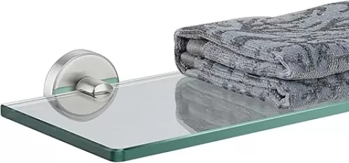 JQK Bathroom Glass Shelf, Floating Tempered Glass Shower Storage 16 by 5 inches, 304 Stainless Steel Brushed Finish Wall Mount, TGS101L16-BN