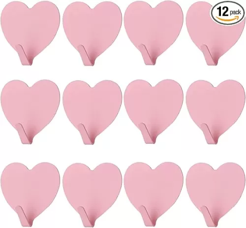 JtmyAota 12 Pack Heart Shaped Decorative Wall Hooks, Stainless Steel Strong Adhesive Wall Hook for Home Kitchen Bathroom (Pink)