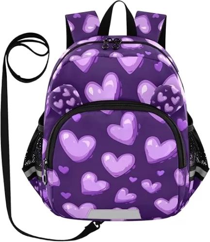 JUNZAN Purple Hearts Day Purple Hearts Kid Boy Backpack with Bottle Pockets Student Book Bags Kid Girl Backpacks for School Airplane