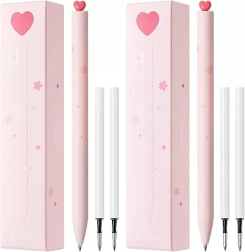 Kaco FIRST Gel Pens Cute Stationery, Pack of 2 Pieces Heart Pen Set with Extra 4 Black Refills (2 Pink)