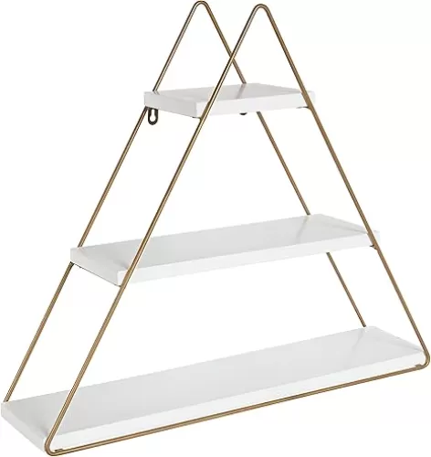 Kate and Laurel Tilde Small Three Tiered Triangle Floating Metal Wall Shelf, White and Gold