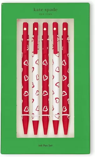 kate spade new york Black Ink Pen Set of 5, Cute Click Pens, Plastic Retractable Pens for Writing and Journaling (Brushstroke Hearts)
