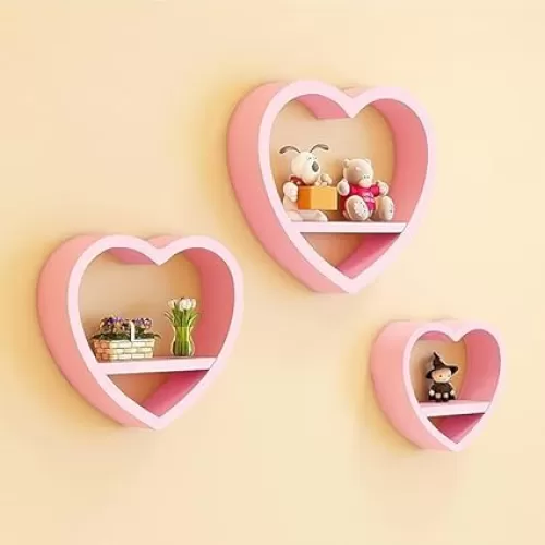 Kawaii Heart Shaped Floating Shelves, Set of 3 Wall Shelf Wood Floating Shelf, Cute Wall Shelf for Wall Decor, Small Storage Display Rack for Bedroom Living Room(Set of 3, Pink)