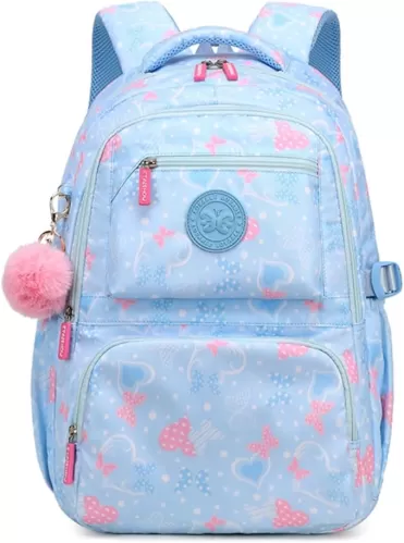 Kids Backpack for Girls, Heart Print Bookbag Elementary School Bag, Cute Daypack With Plush Pendant Lightweight Girls Backpack