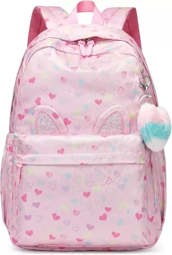 Kids Backpack Girls And Boys Pink Waterproof Large Space School Backpack Suitable for Age for Over 6 Years old Lightweight Travel Cat Ear Heart Keychain Toddler Backpack（Pink Heart）