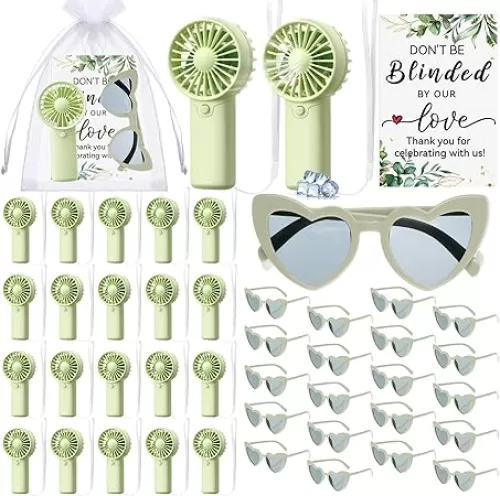 Kingdder 20 Set Wedding Favors for Guests Mini Fans Heart Shaped Sunglasses Portable Handheld Battery Operated Fan with Thank You Cards Organza Bags for Bridal Shower Wedding Bridesmaid Gifts(Green)