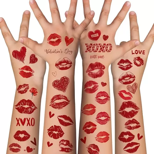 Kiss Tattoos Temporary - 120 Pack Valentines Day Gifts for Kids Adults | Rose Heart Stickers - Valentines Decorations | Valentines Day Accessories Party Favors Treats Crafts Decor Goodie Bag stuffers