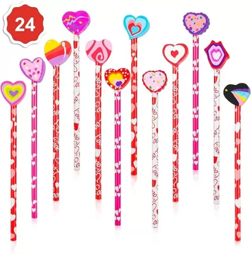 Konsait 2 Dozen (24) Valentine Pencils Assortment with Giant Eraser Topper Decorated with Love Hearts, Candies, Stars for Valentine's Day accessories Party Bag Goodie Bag Filler Favor Supplies Teacher