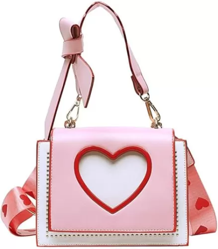 Korean Satchel Heart Shaped Tote Bag for Women, Adjustable Crossbody Bag with Detachable Shoulder Strap, Pu Leather Handbag for Travel, Shopping, Office, School, Pink