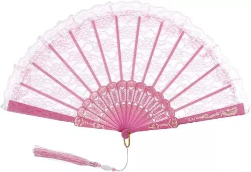 Lace Handheld Folding Fan Embroidered Flower Bridal Hand Fan Chinese Japanese Vintage Fan for 1920s Costume Wedding Dancing Tea Party (1, Pink)