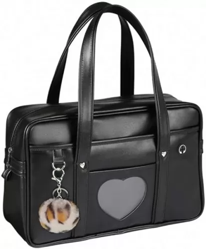 Large Japanese Shoulder Bag, Faux Leather Tote Bag Kawaii with Pink Leopard Pompom (A3 Big Size, Black Heart Window)