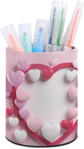 Leather Desk Pencil Holders Heart Shape Pen Holder Round Makeup Brush Storage Stylish Office Decor Pen Cup Pen Organizer for Home Office