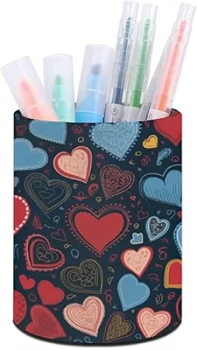 Lether Pen Holder for Desk, Arious Heart Shapes Pencil Holder Organizers for Desktop, Pencil Cup Stationery Organizer for Office Desk Accessory, Square Makeup Brush Srotage Box Pencil Caddy