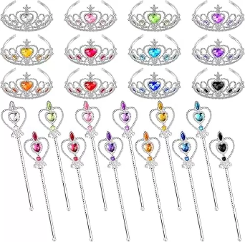 Lewtemi Princess Dress-up Accessories: 24 Pieces Princess Crowns and Wands, Heart Adult Wand and Crown Plastic Queen Tiara and Wand, for Party Supplies, Girls over 12 years old