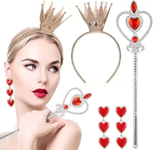 Liliful 3 Pcs Valentines Queen Hearts Costume Accessories Heart Crown Headband Red Rhinestone Scepter Wand Dangle Earrings