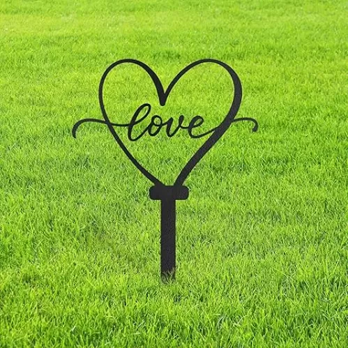 Love Heart Metal Garden Stake Decorative, Heart Shape with Script Design Silhouette Statues for Yard Art, Outside, Patio, Outdoor Decor, Garden Decorations, Lawn Ornaments - 12" Black