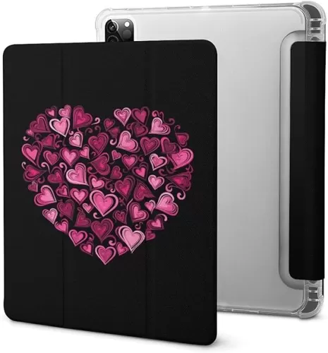 Love Heart Shapes Print Tablet Case Compatible with Non-Slip Trifold Tablet Cover Case with Pencil Holder