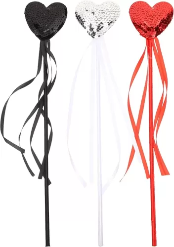 LUOZZY 3 Pcs Heart Wands Sequins Fairy Sricks Heart-Shaped Angel Princess Wands for Kids Girls Dress-up Prop (Black, Sliver, Red)