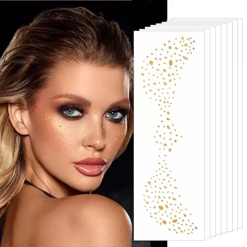 Makeup Patches - Gold Heart Shape Glitter Freckles Face Tattoo - Freckle Makeup - Faux Freckles Waterproof Temporary Tattoos - Cute Glitter Makeup Accessories For Women - 8 Pcs