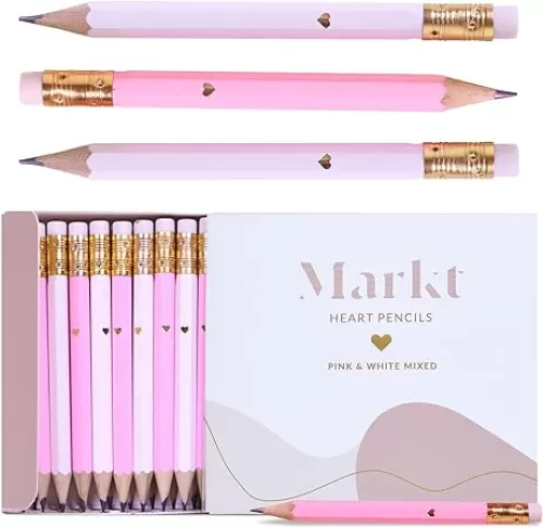 Markt Heart Pencils for Baby & Bridal Showers, Mini Pink & White Pencil Set for Games (Pink & White)