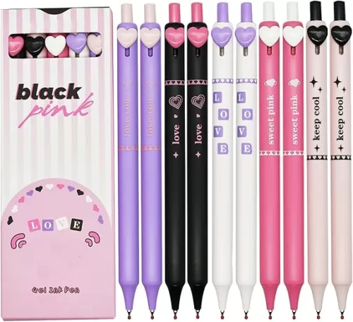 Maydahui 10 Pcs Colorful Heart Shaped Button Pens Retractable Cool Love Heart Gel Press Pens Black Ink For Girls Women Student Office Supplies Girl's Day Party Favor