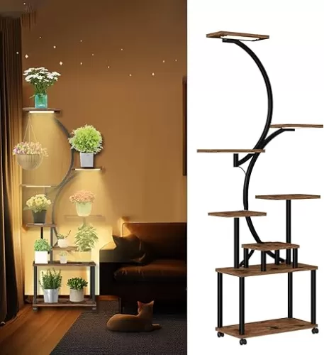 Metal Plant Stand Indoor with Grow Lights, 8 Tiered Display Flower Shelf with Wheels, Pot Holder for Plants Multiple with snaps, S-Shaped Wood Planter Rack for Living Room Patio Balcony (Black)