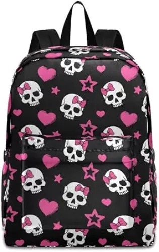 MNSRUU Student Backpack for School Pink Hearts and Skulls Laptop Backpack Aesthetic School Bookbags Casual Daypack Backpack Fits 15.6 Inch Laptop
