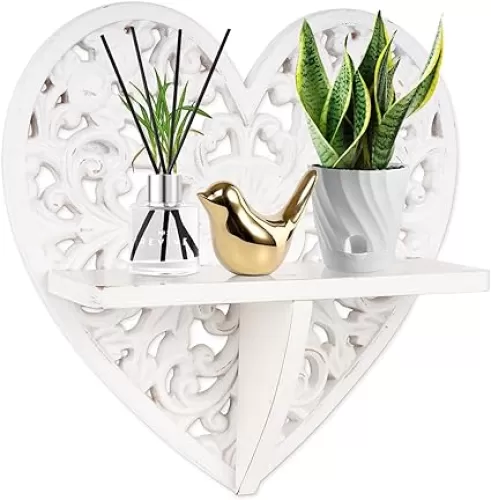 Multipurpose Floating Wall Mounted Shelf with Key Hooks – Rustic Wooden Wall Décor and Storage Solution –Heart-Shaped 12” Decorative Wall Art for Entryway, Living Room, or Bedroom – Vintage White