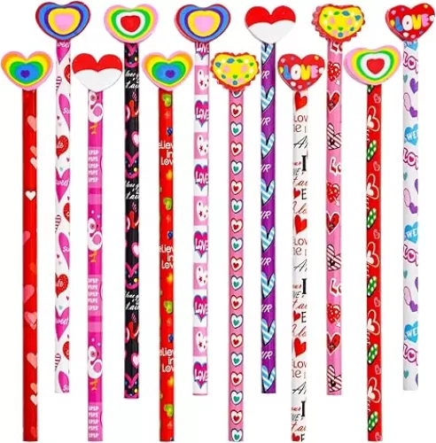 Nydotd 24Pcs Valentines Day Pencils with Giant Eraser Topper Decorated with Love Hearts, Wood Pencils Bulk with Erasers for Kids Party Favors Valentine's Day Goodie Bags Fillers Teacher School